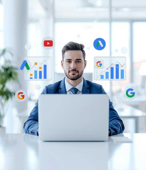 Digital marketer managing Google Ads, Gmail, and YouTube accounts on laptop